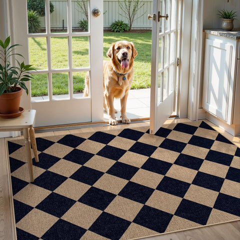 Lahome Colette checkered entry rug on a deck highlighting outdoor-friendly care