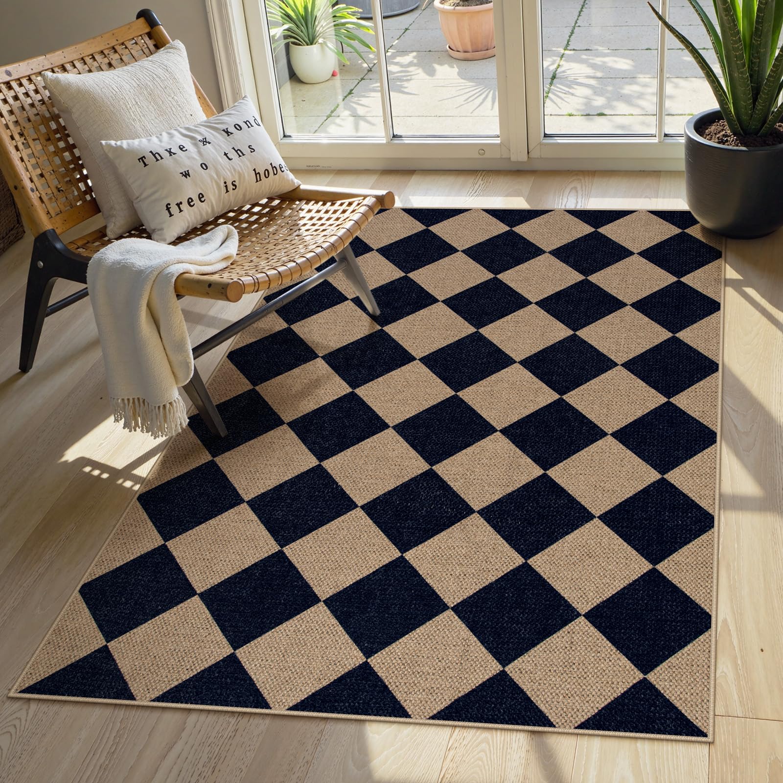 Lahome Colette checkered entry rug at the front door with non-slip backing for safe entry
