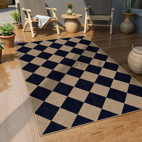 Lahome Colette checkered rug in the living room enhances warmth and durability