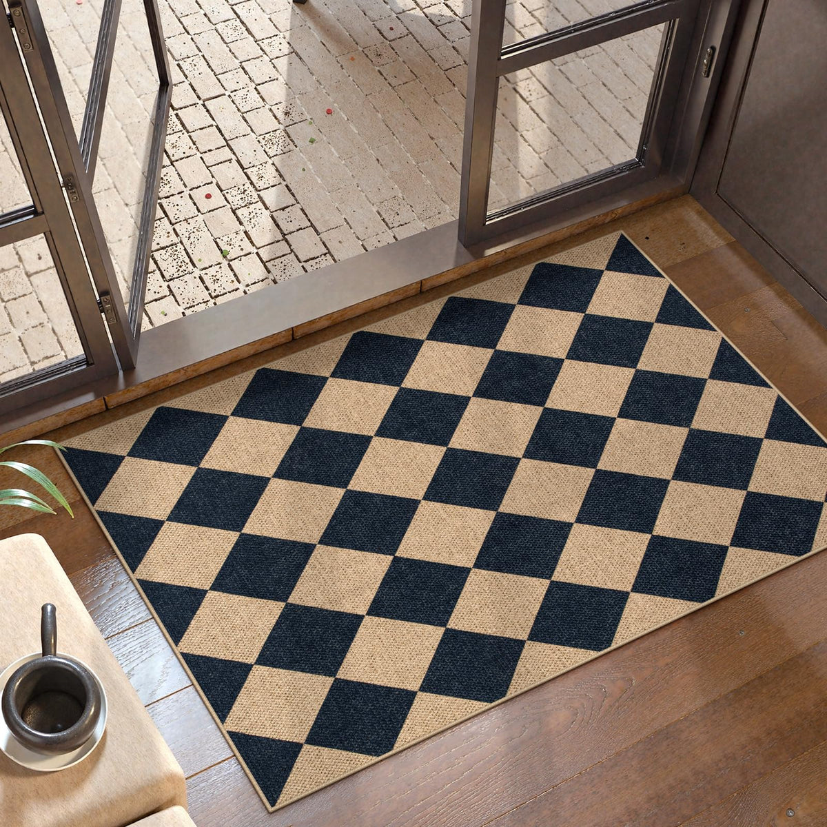 Lahome Colette rug with checkered pattern and non-slip backing for safe entryways