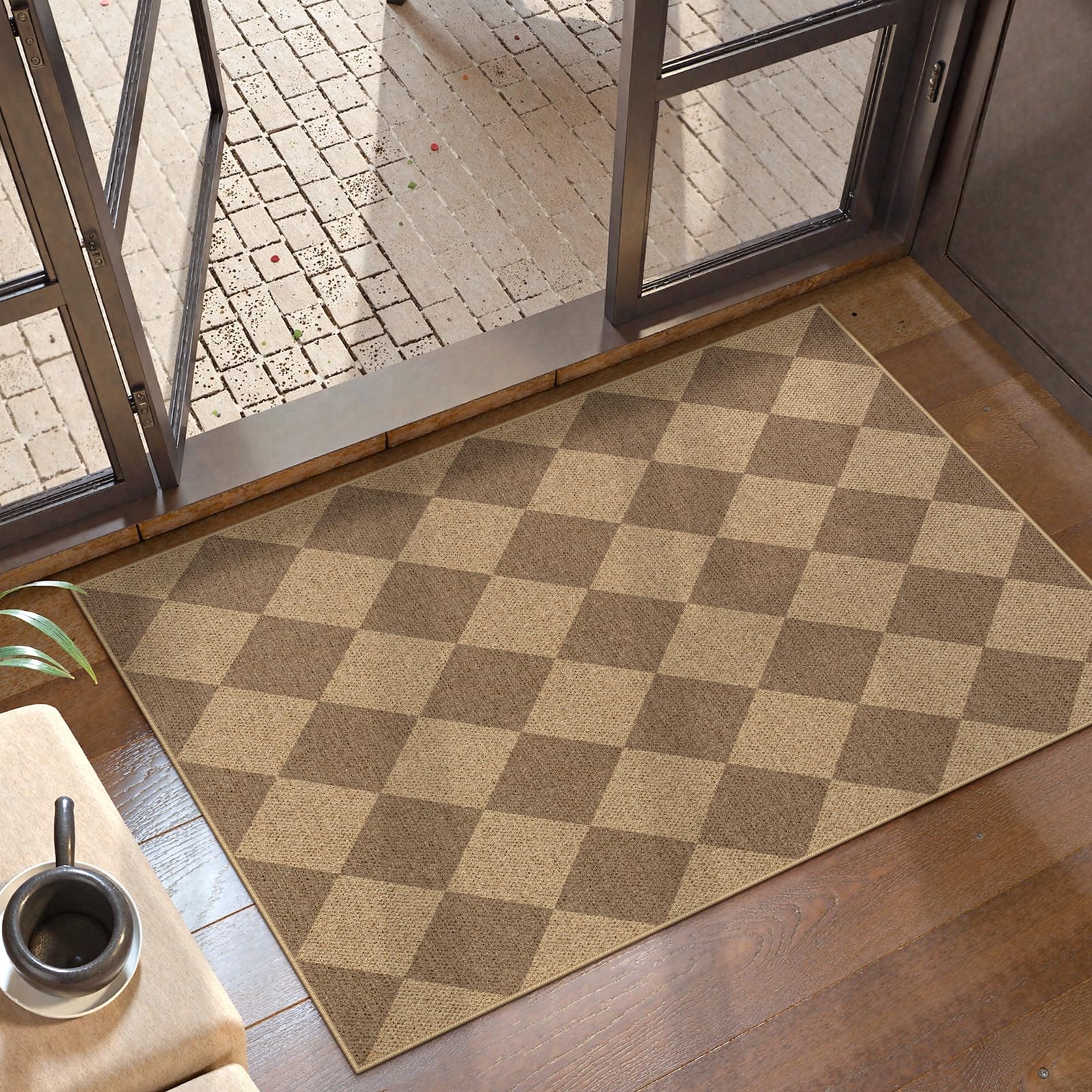 Lahome Colette rug front view shows neutral checker pattern for entryway style.
