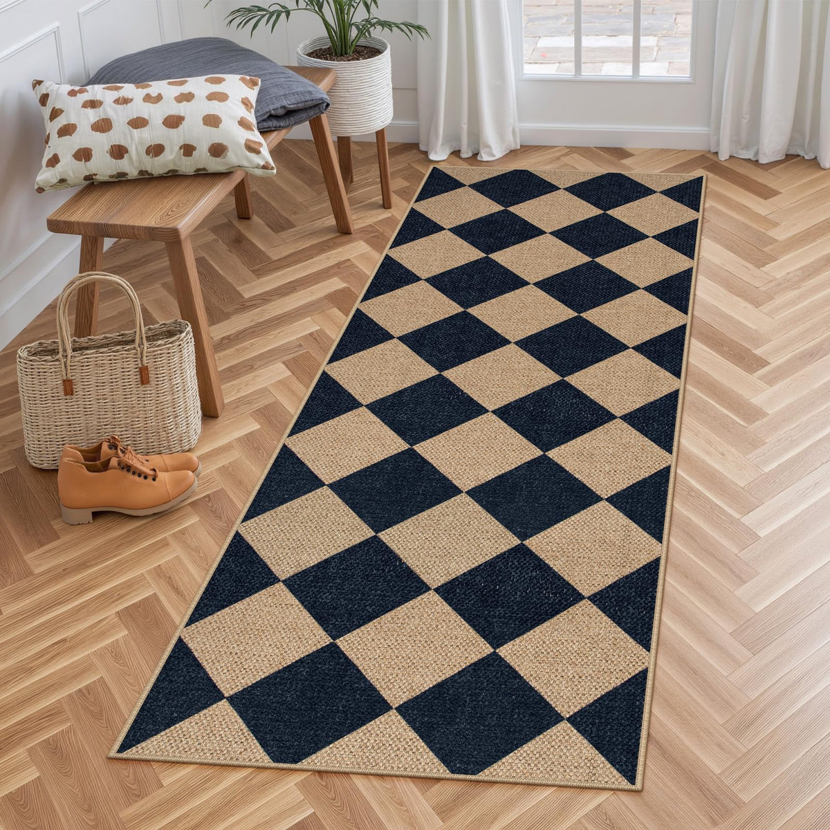 Lahome Colette checkered runner for entryways and patios; durable, washable, and stylish.