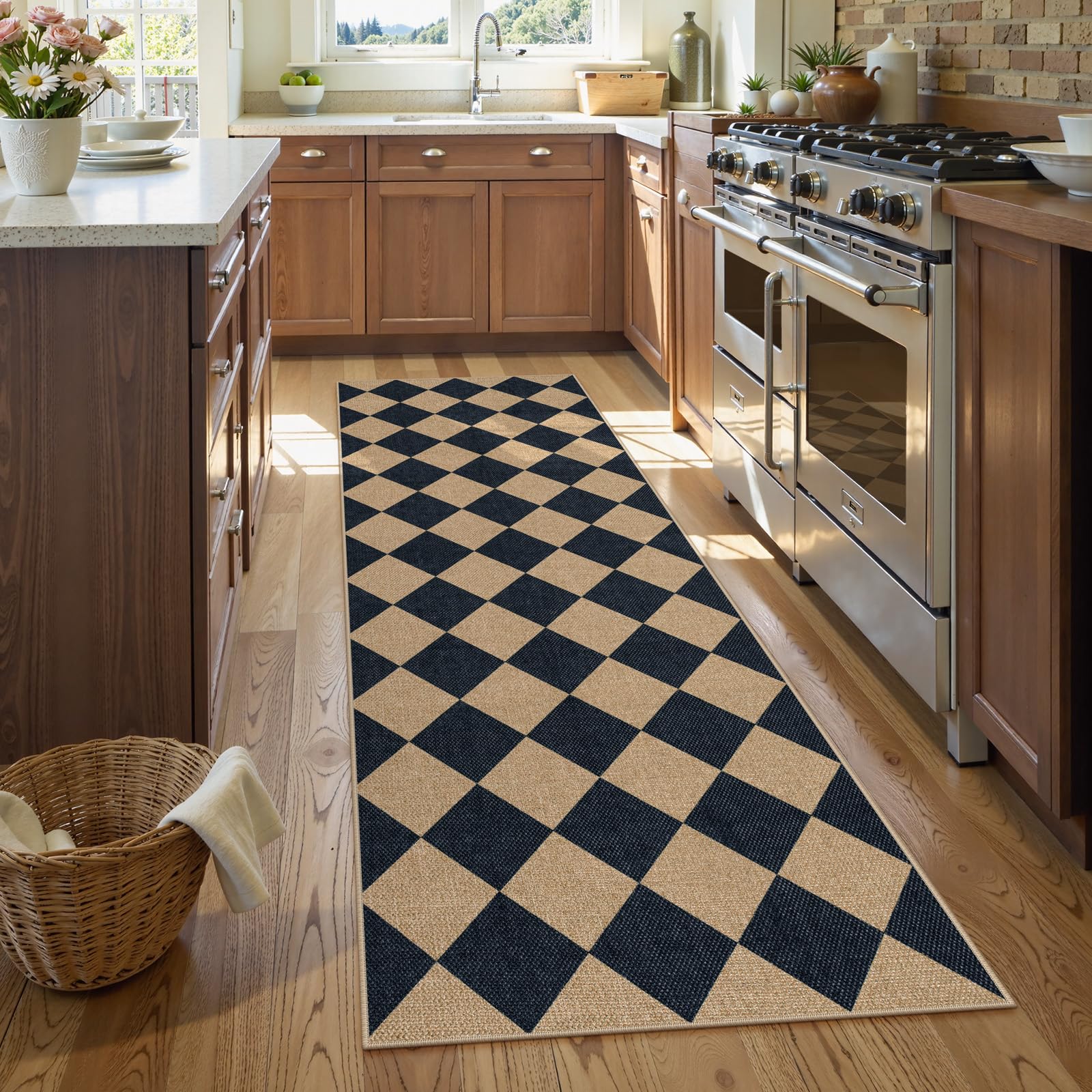 Lahome Colette checkered runner in entryway delivers safe stylish flooring on high-traffic paths