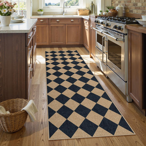 Lahome Colette checkered runner in entryway delivers safe stylish flooring on high-traffic paths