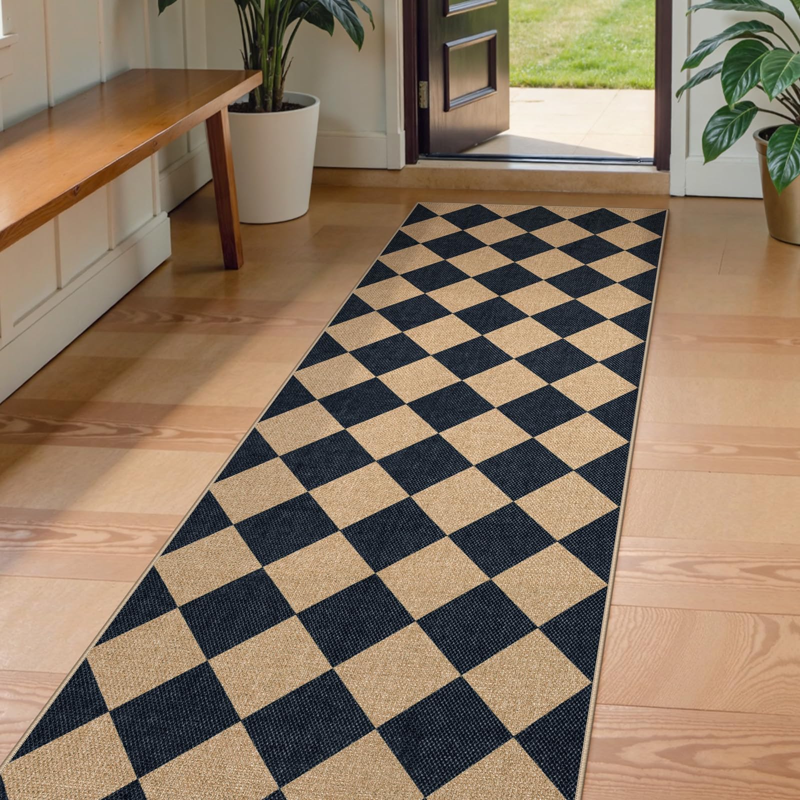 Lahome Colette checkerboard runner in hallway shows non-slip stability for busy entrances