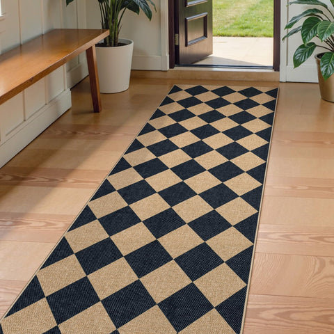Lahome Colette checkerboard runner in hallway shows non-slip stability for busy entrances