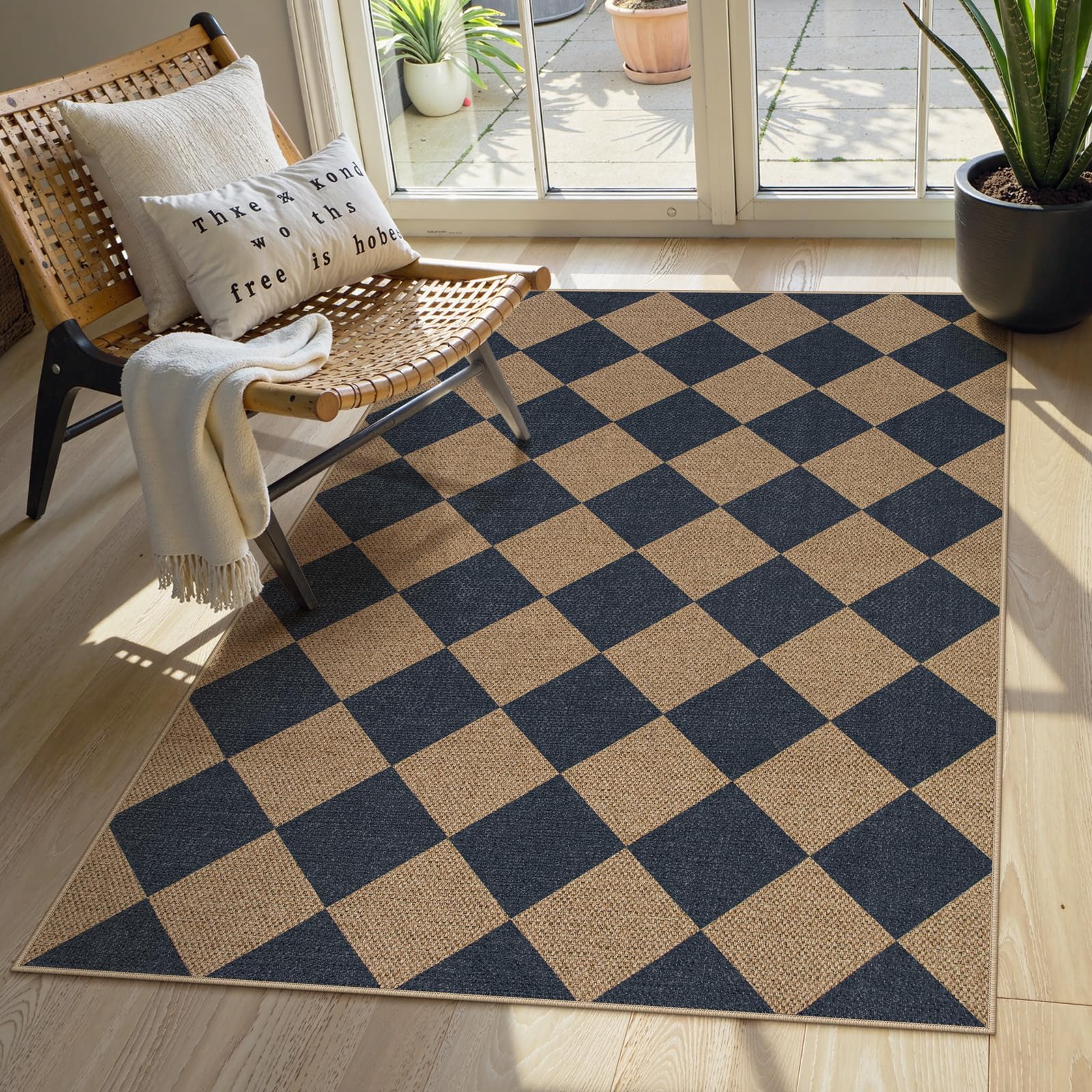 Lahome Colette blue checkered entryway rug with non-slip backing for safety and style