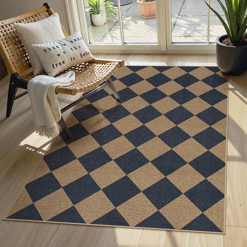 Lahome Colette blue checkered entryway rug with non-slip backing for safety and style