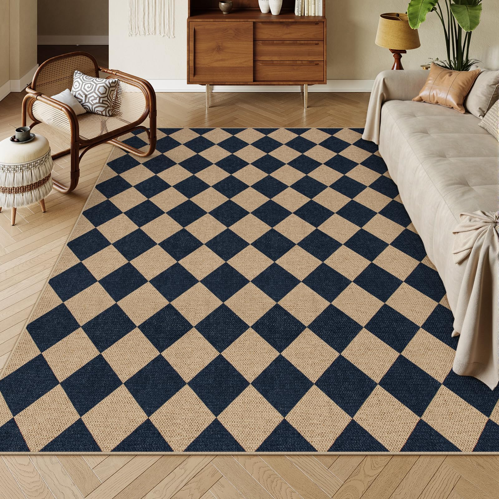 Lahome Colette checkered rug 6x9 for indoor-outdoor space adds cozy farmhouse style.