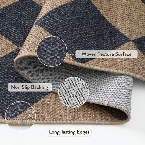 Lahome Colette blue checkerboard rug placed on a patio for outdoor use