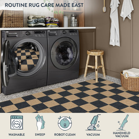 Lahome Colette checkered rug living room scene with warm, versatile palette.