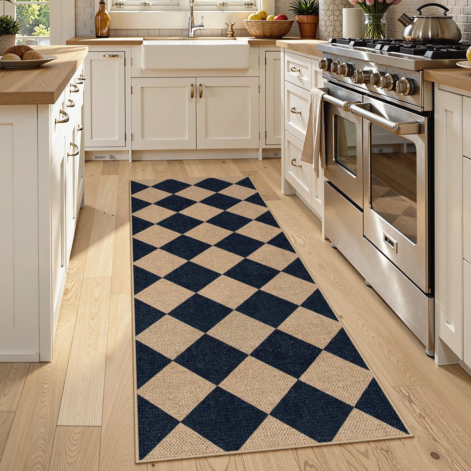 Lahome Colette checkered rug with non-slip backing for safe kitchen and hallway use.