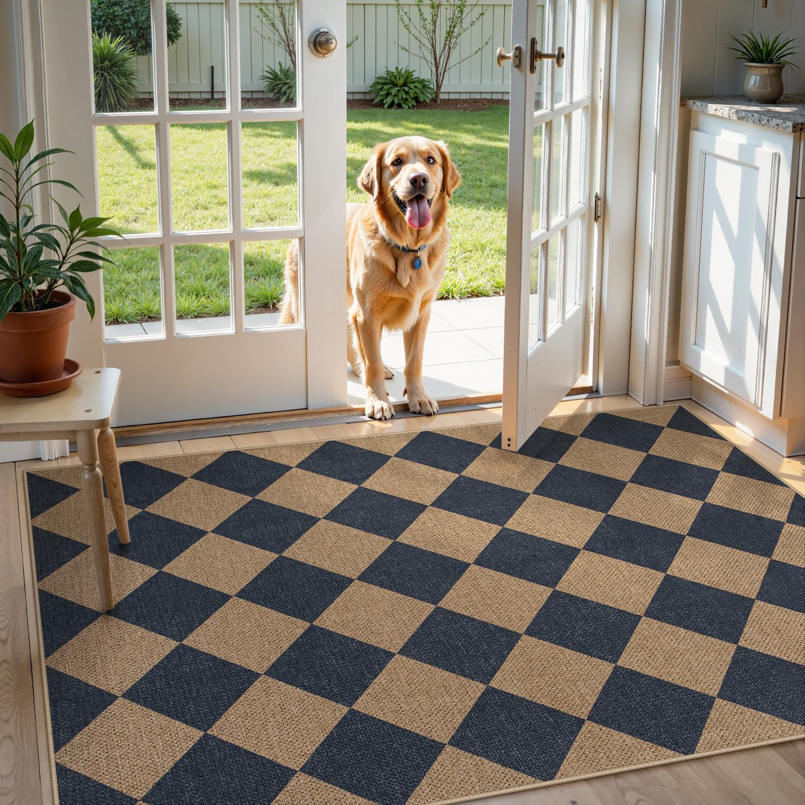 Lahome Colette blue checkered rug in a living room adding warmth
