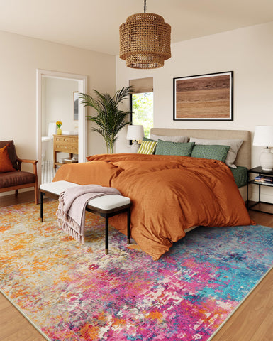 Lahome washable rug with bright rainbow accents for easy cleanup