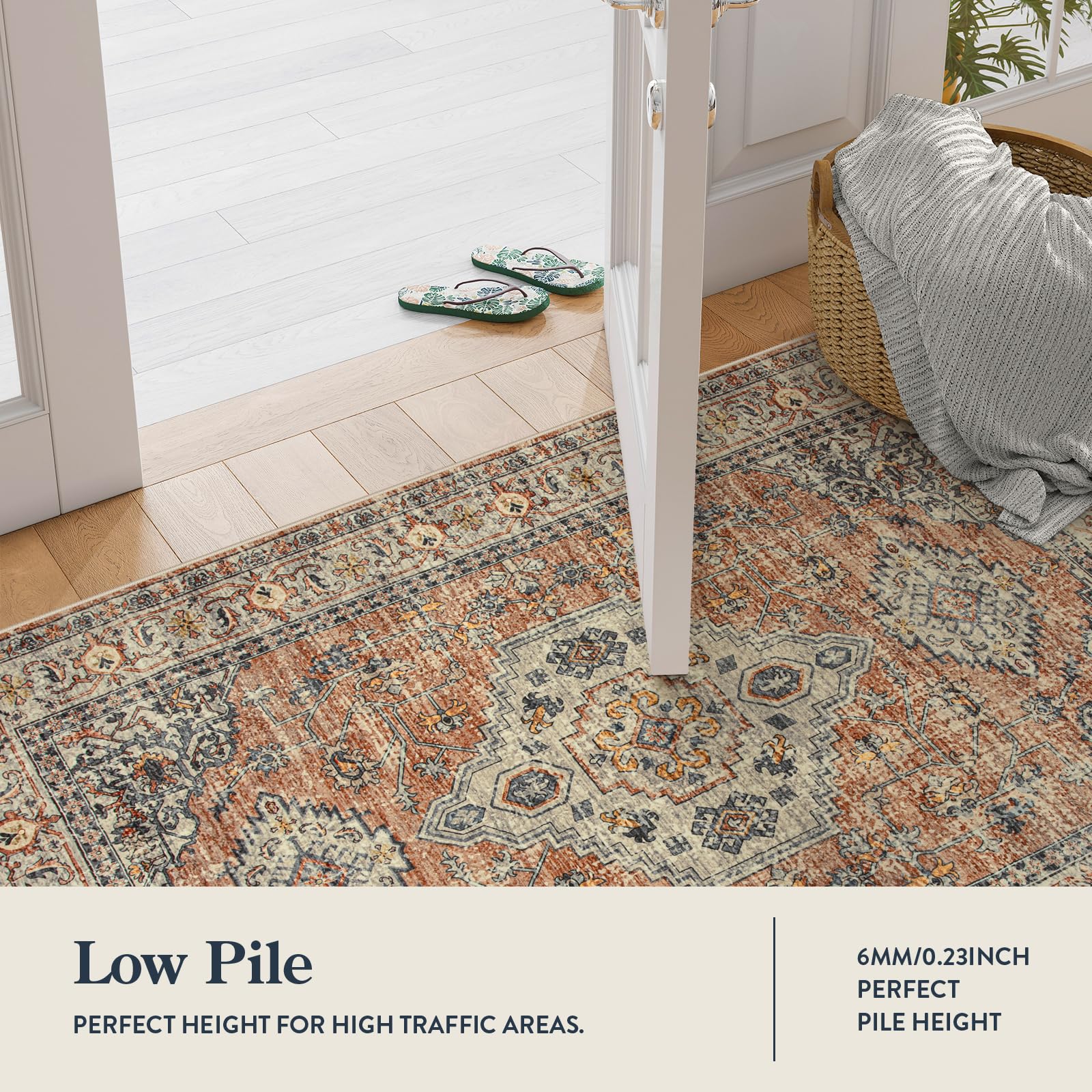 Lahome distressed oriental seal pattern adds charm to rooms.