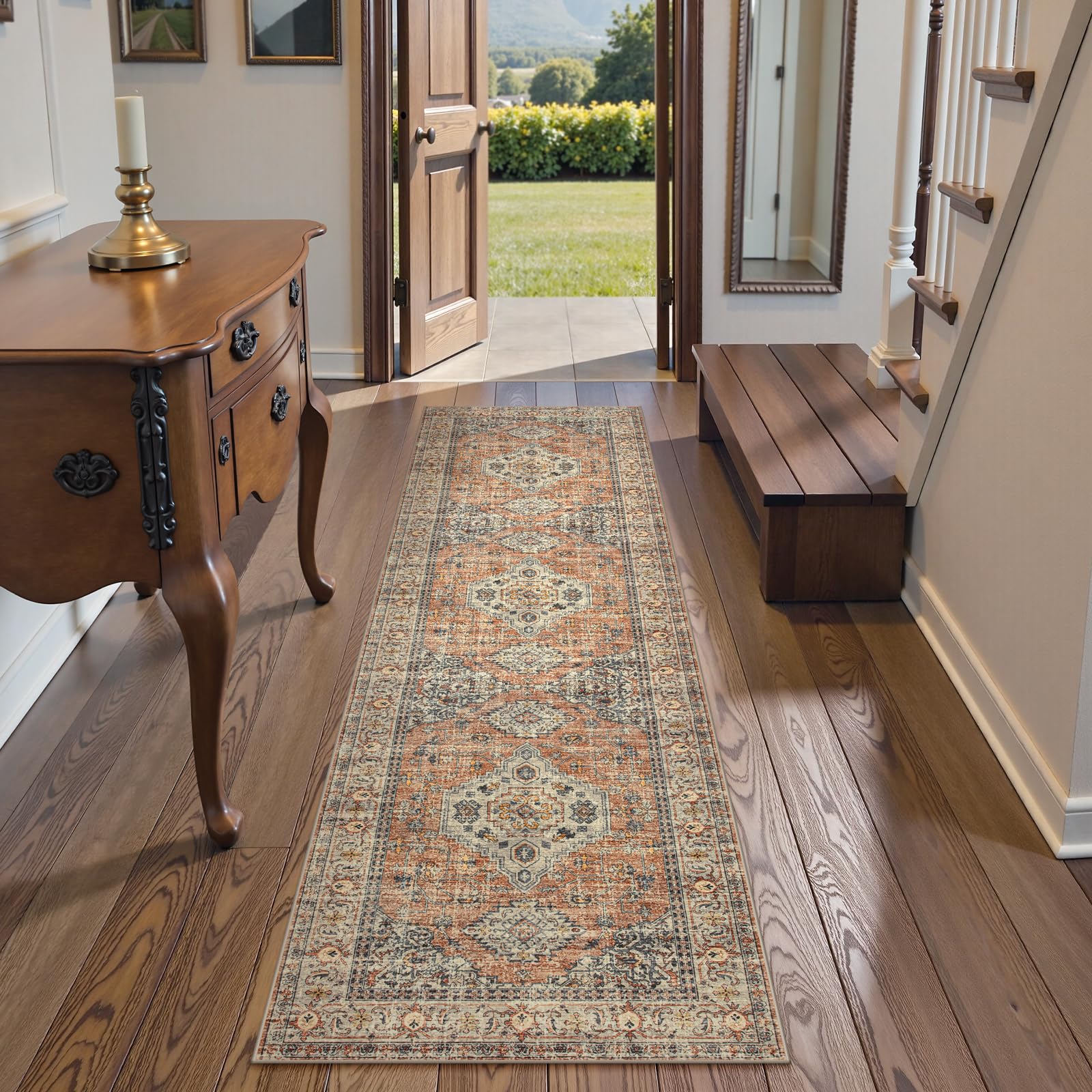 Lahome Eleanor ultra-thin vintage runner with non-slip backing for entryways.