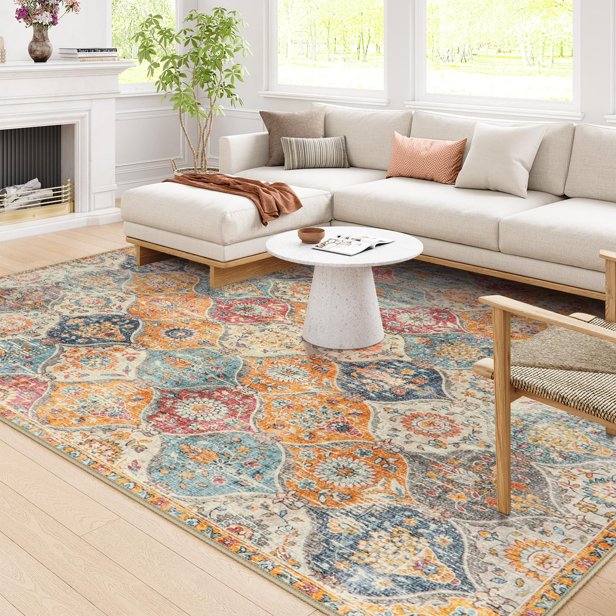 Lahome Elise cream-multi boho pattern rug 8x10 enhances room with vibrant, durable design.