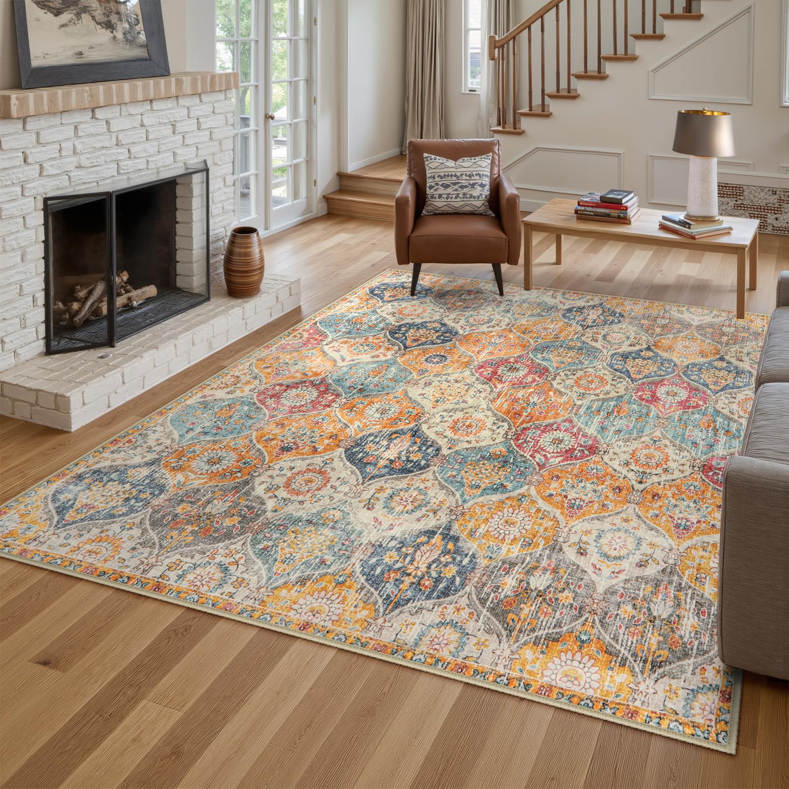 Lahome Elise rug in the bedroom adds warmth and easy cleaning with machine washability.