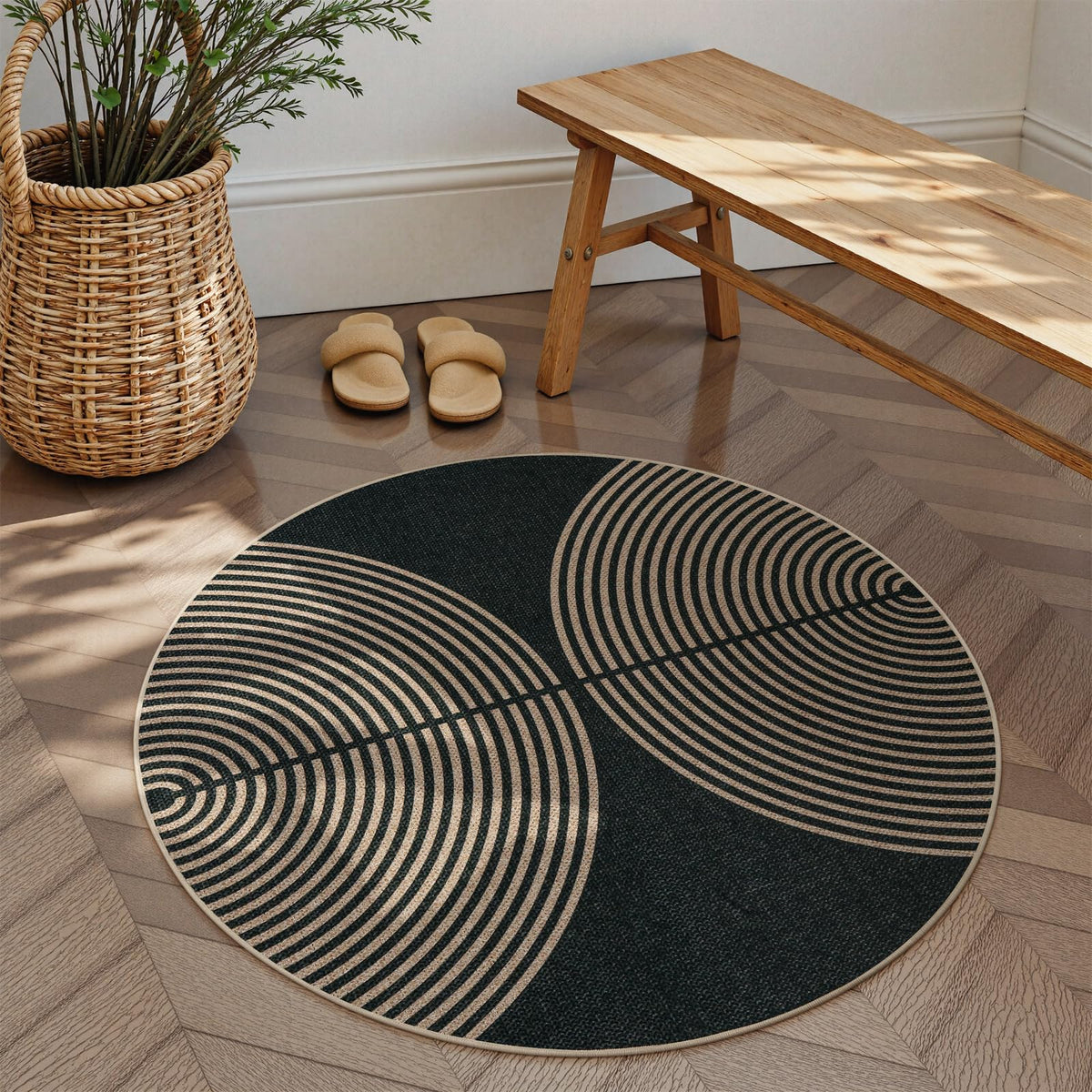 Lahome Enfys round rug with modern rainbow design adds contemporary warmth.