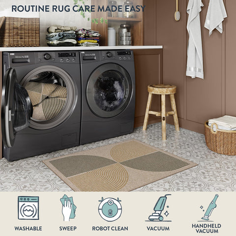 Lahome Enfys Rainbow rug that’s washable in cold water for easy upkeep.