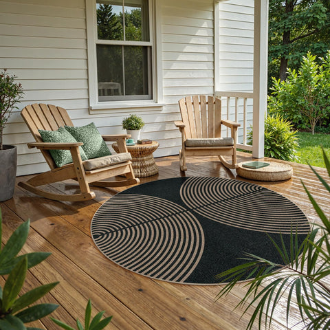 Lahome Enfys round rug in entryway highlights modern circular decor
