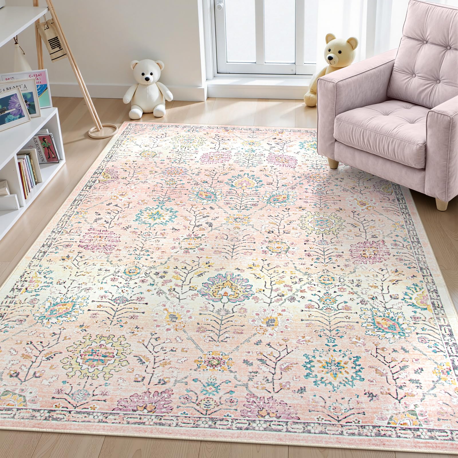 Lahome Flavie pink boho rug shows soft texture for nursery play
