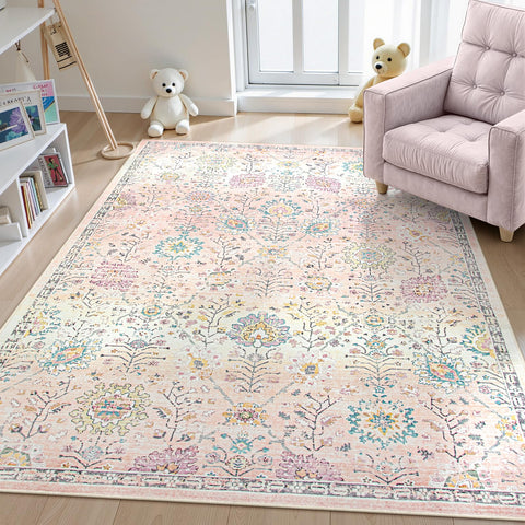 Lahome Flavie pink boho rug shows soft texture for nursery play