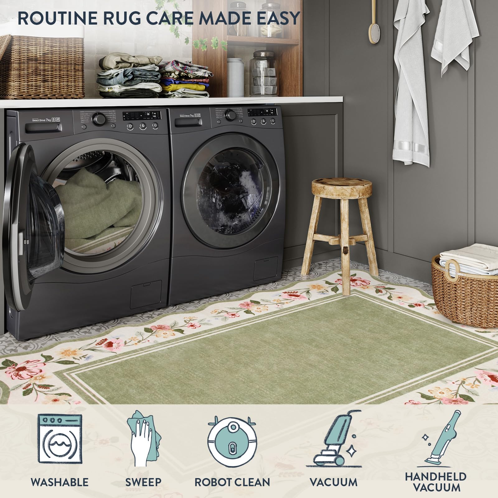 Lahome Floral 2x6 green detailed pile highlighting boho pattern.