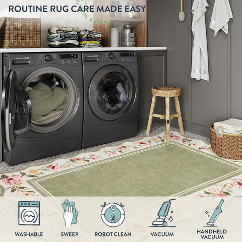 Lahome Floral 2x6 green detailed pile highlighting boho pattern.