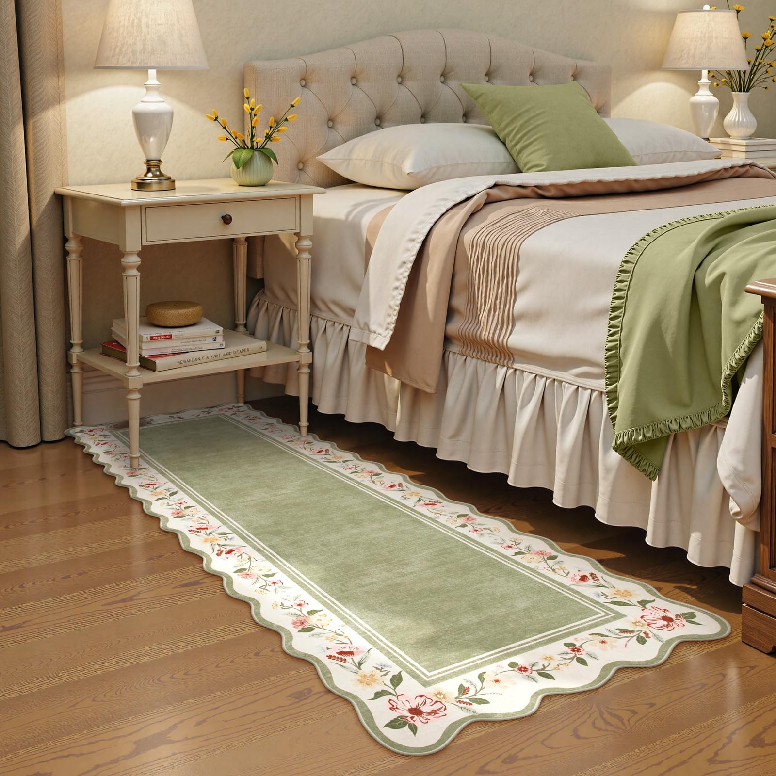Lahome Floral 2x6 green low pile rug ideal for pet-friendly homes.