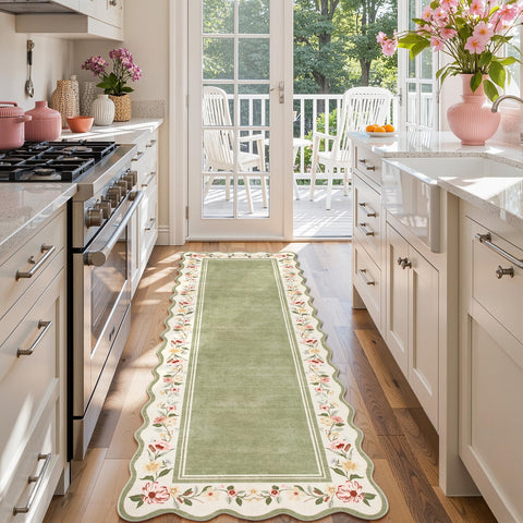 Lahome Floral 2x6 green entryway rug on tile floor showing stain resistance.