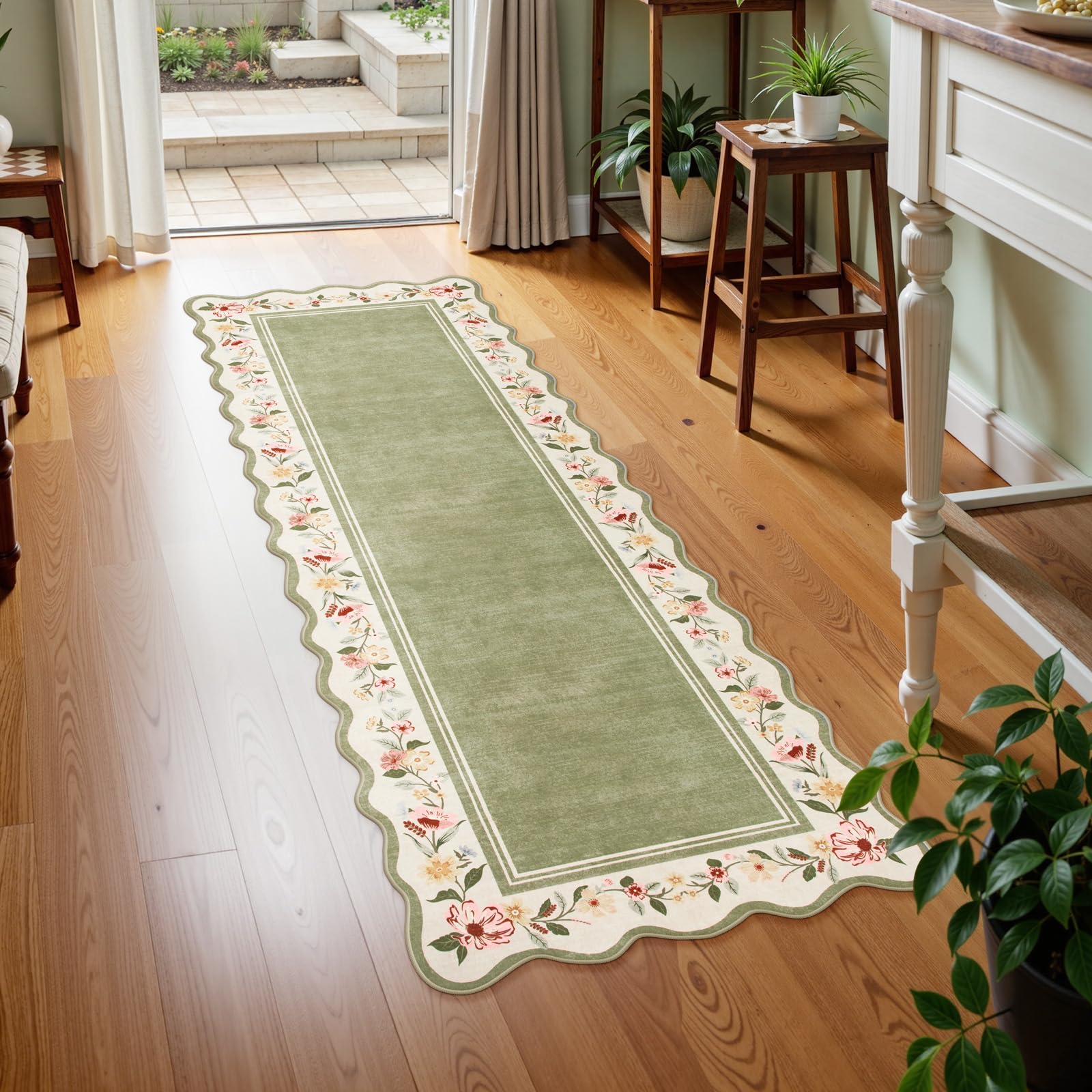 Lahome Floral 2x6 green close-up of scalloped edge showing soft pile and easy care.