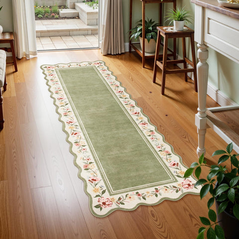 Lahome Floral 2x6 green close-up of scalloped edge showing soft pile and easy care.