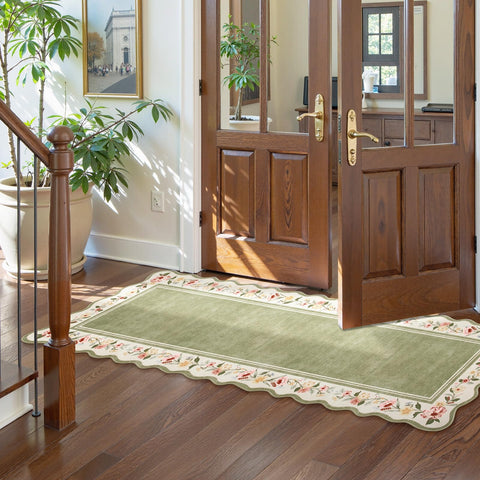 Lahome Floral 2x6 green kitchen runner laid flat for easy cleaning.