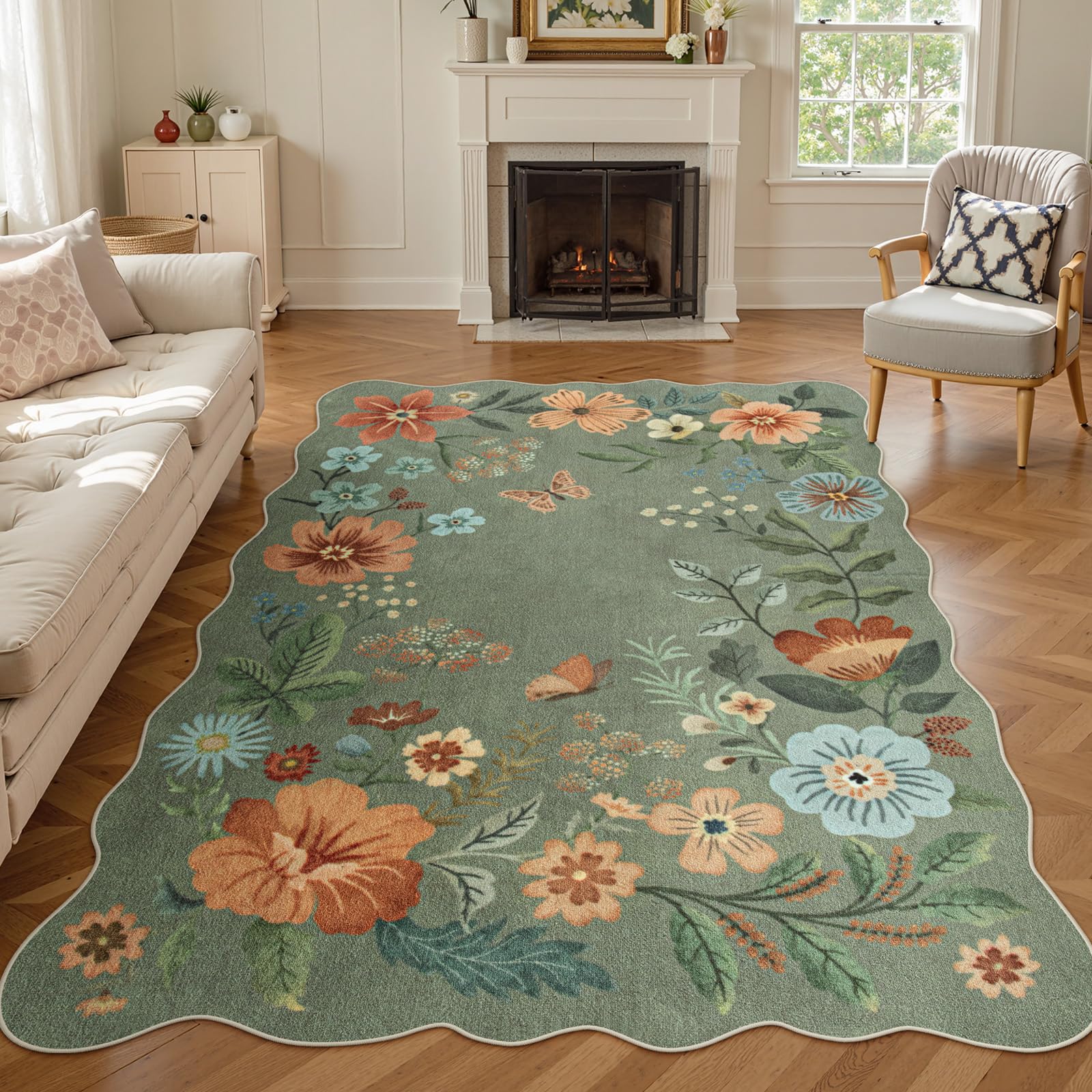 Lahome floral living room rug green 5x7 with non-slip backing for secure, in-place use.