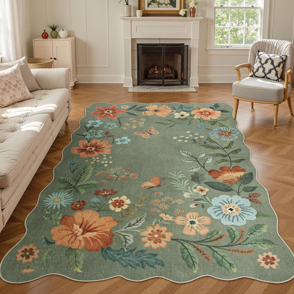 Lahome floral living room rug green 5x7 with non-slip backing for secure, in-place use.