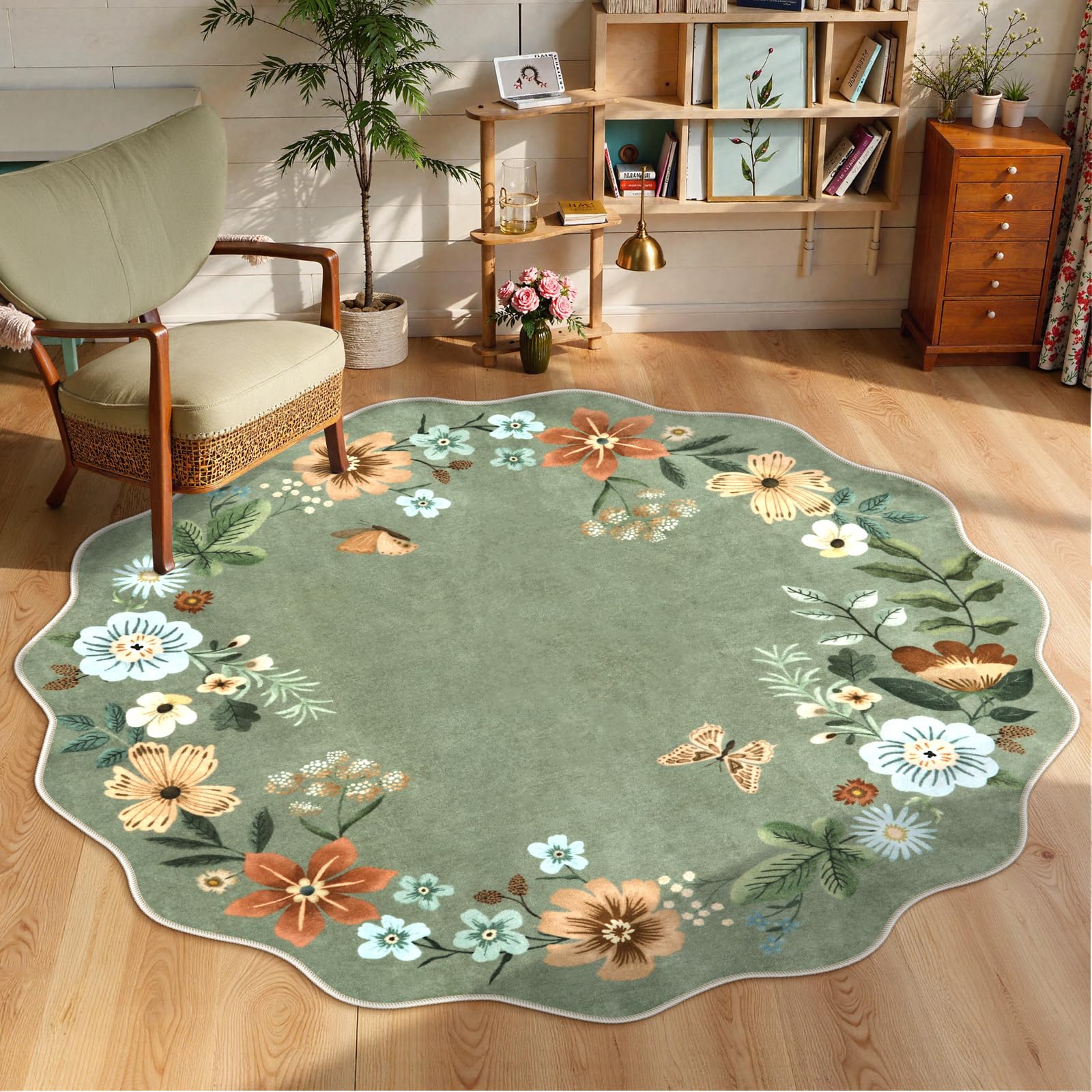 Lahome floral round rug 6ft adds color and coziness to living rooms.
