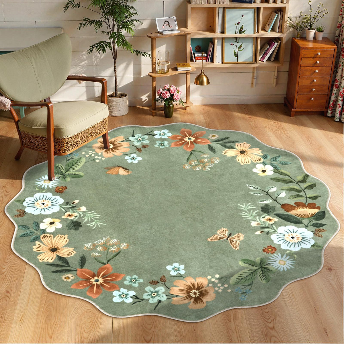 Lahome floral round rug 6ft adds color and coziness to living rooms.