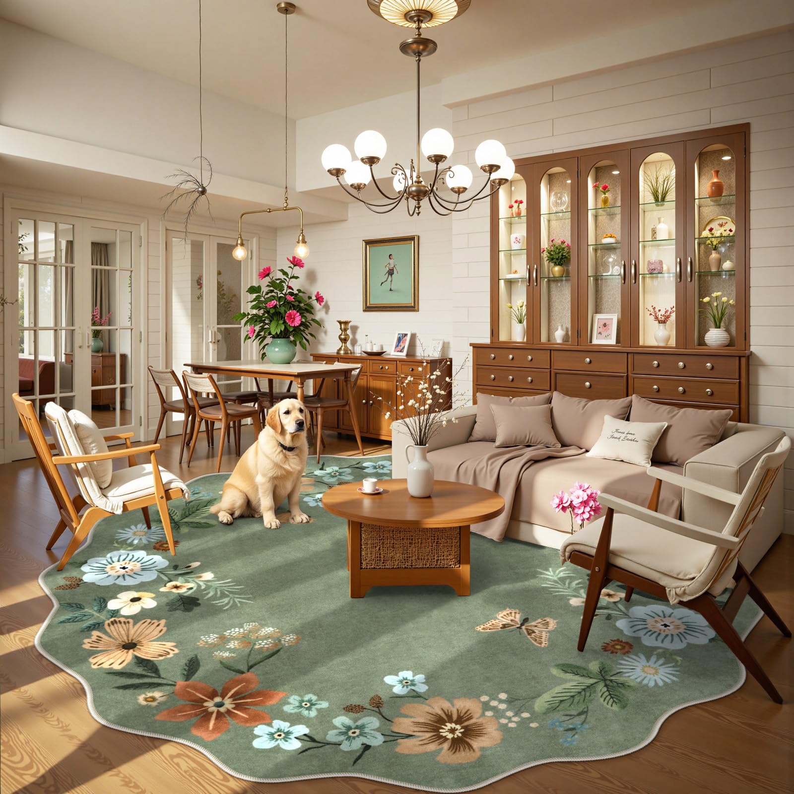 Lahome washable round rug highlights easy cleaning after everyday messes.
