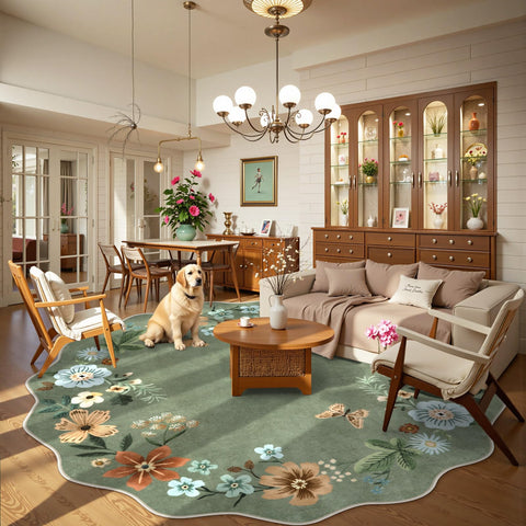 Lahome washable round rug highlights easy cleaning after everyday messes.