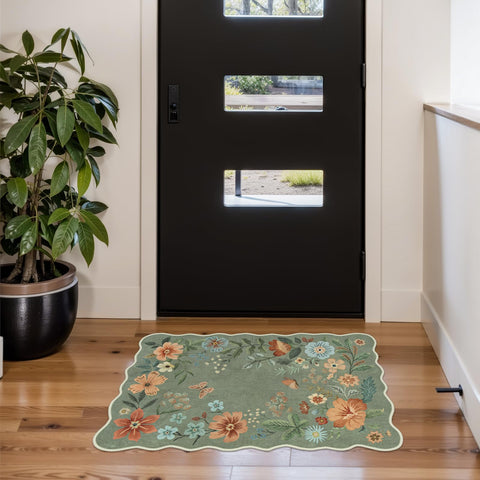 Lahome floral rug bathroom green close-up showing quick-dry fabric and easy cleaning.