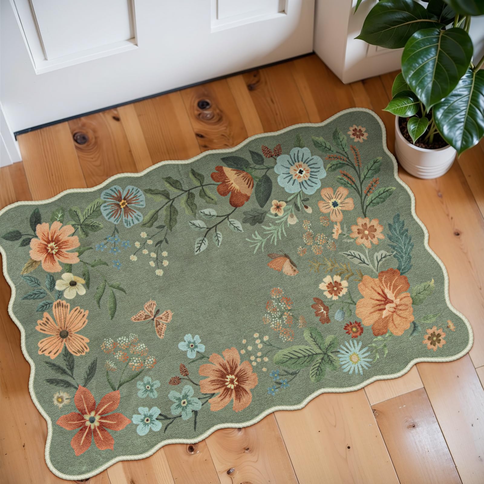 Lahome floral rug entryway green showing non-slip safety and style.