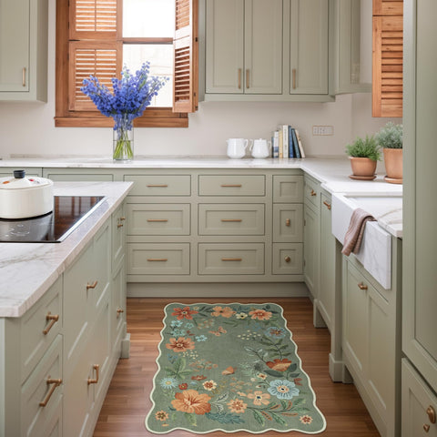 Lahome floral rug kitchen green close-up for quick cleanup after spills.