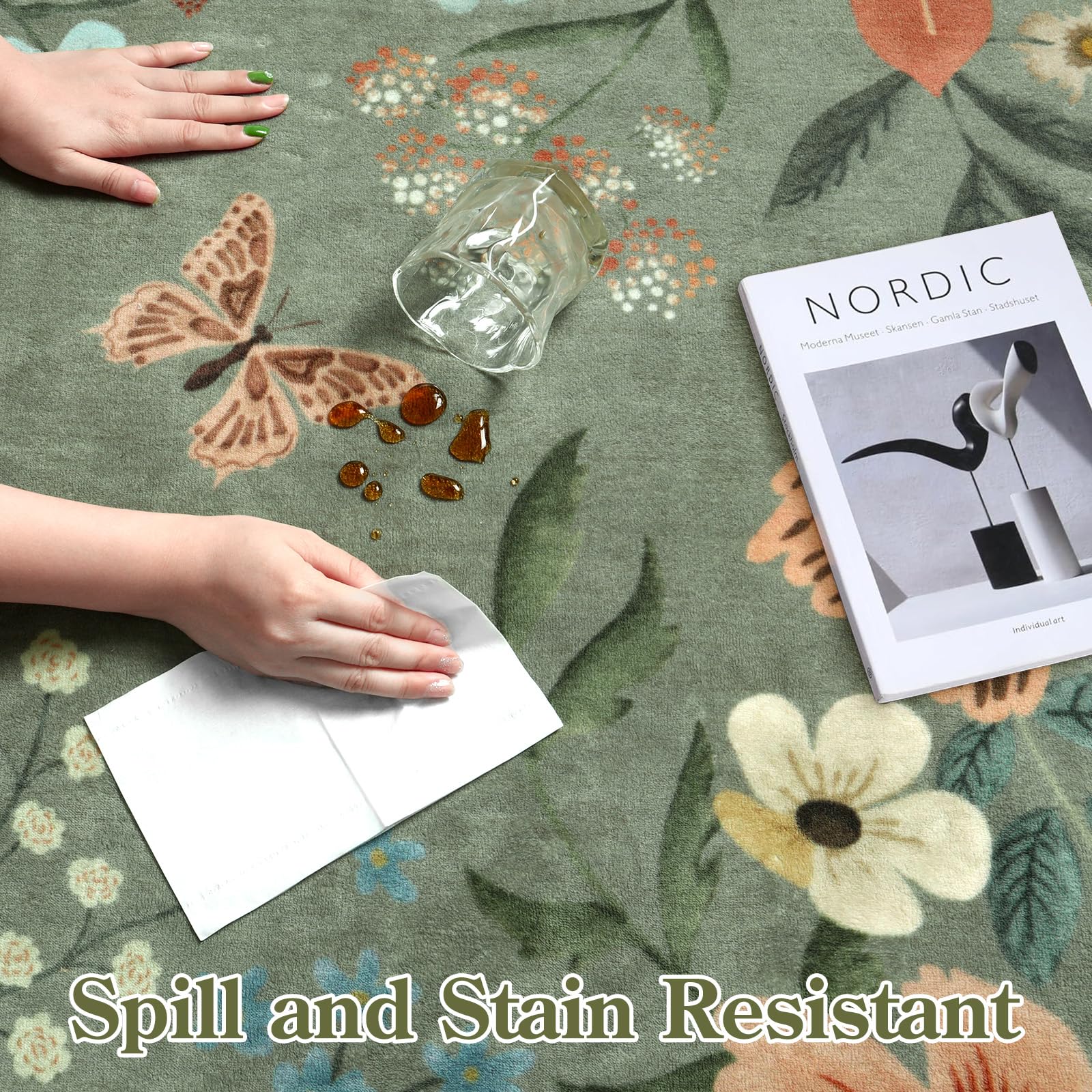 Lahome floral rug pet-friendly lifestyle green easy cleanup after paws and messes.