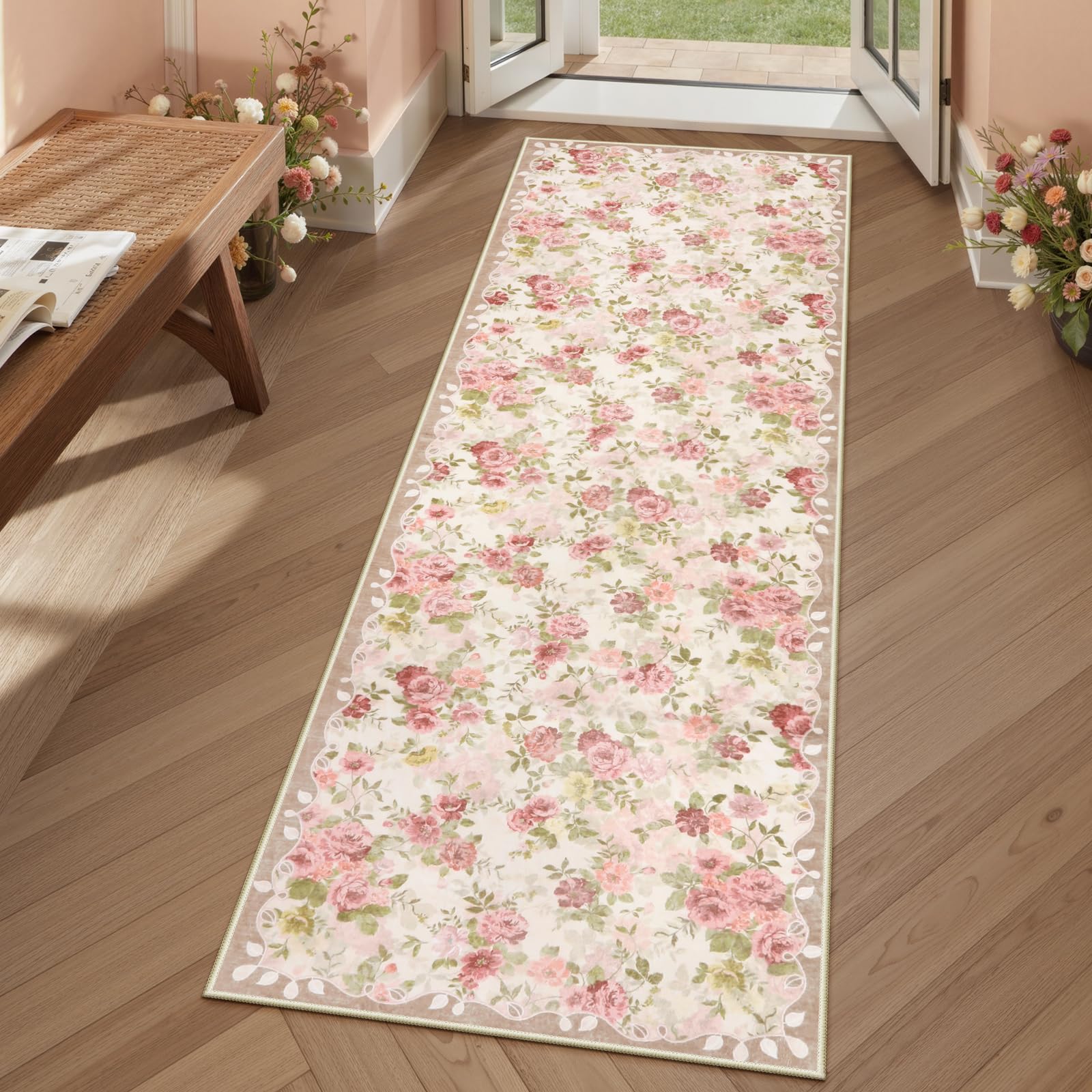 Lahome floral runner for hallway with non-slip backing for safe traffic.