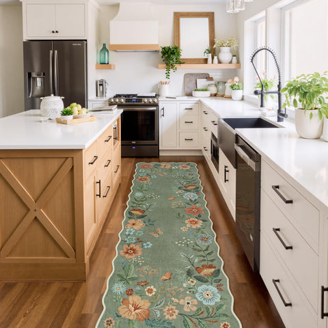 Lahome floral runner close-up shows soft texture for barefoot comfort.