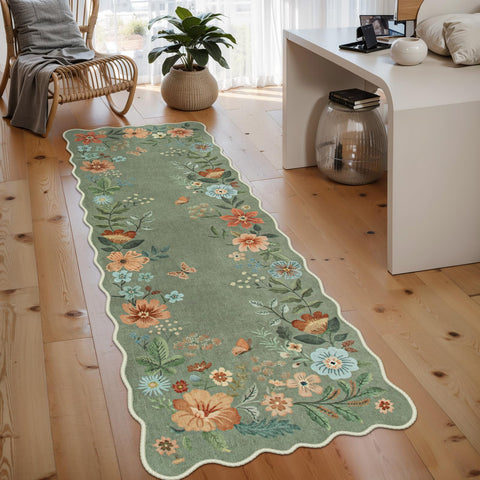 Lahome floral hallway runner in green pattern with non-slip backing for safety.