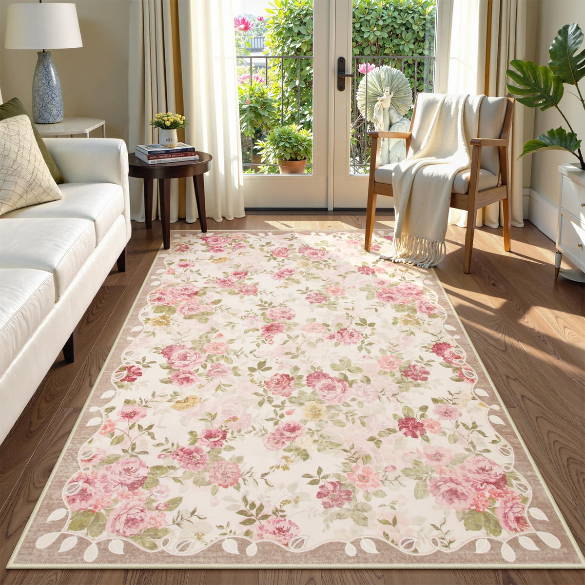 Lahome Floral washable 3x5 Rug Nina Beige close-up shows soft, cozy pile for feet.