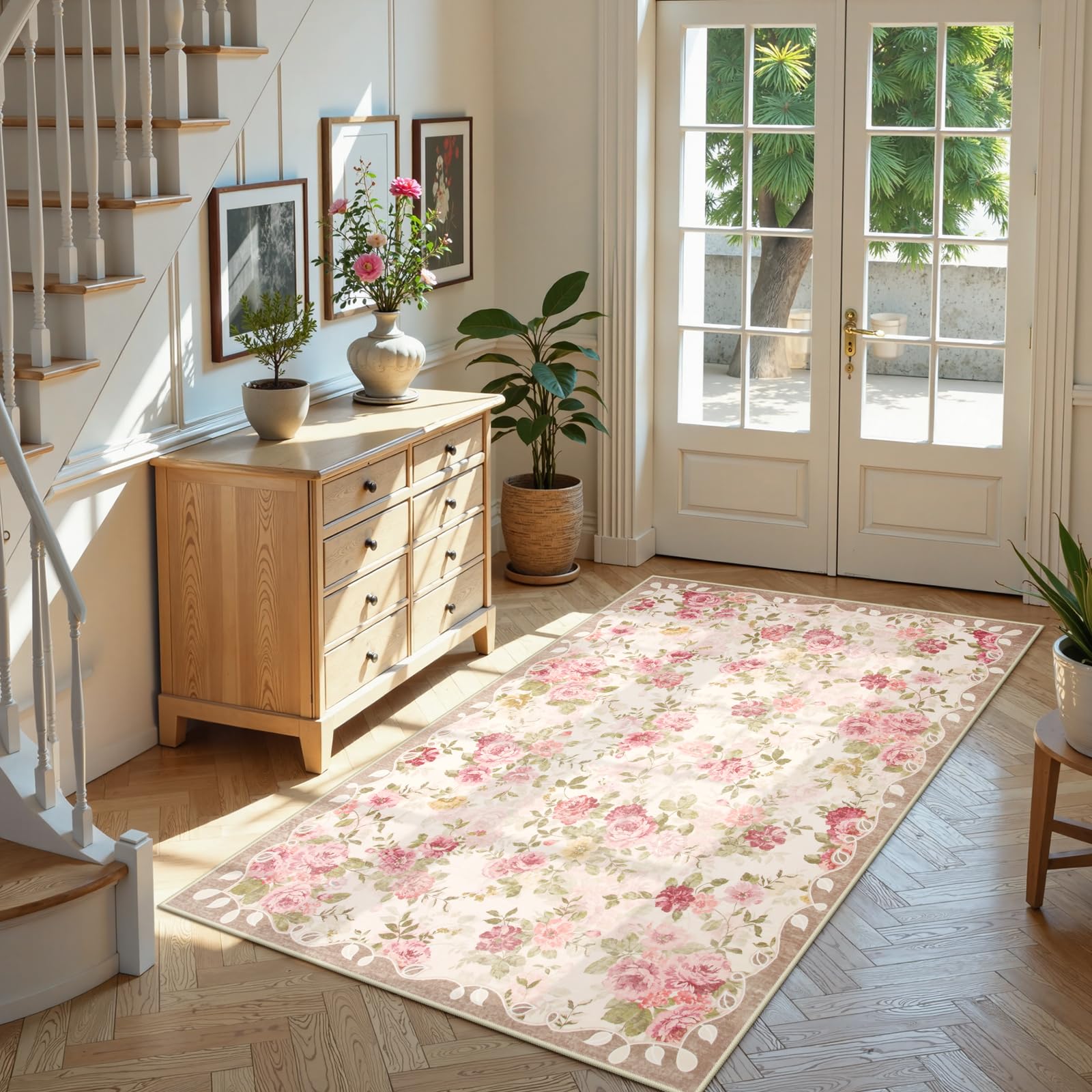 Lahome Floral washable 3x5 Rug Nina Pink room shot highlights kid-friendly design.