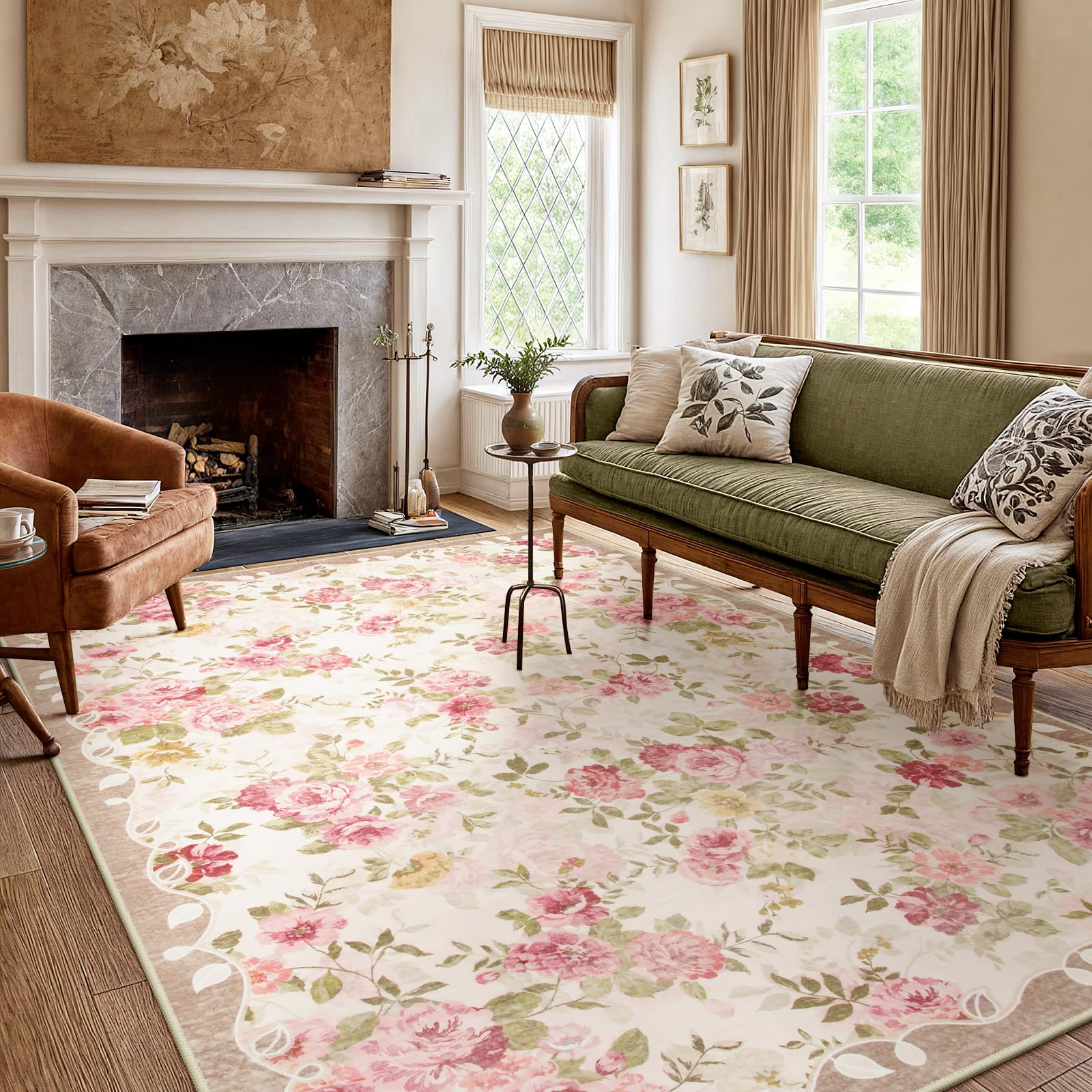 Lahome Floral Washable Rug 5x7 front view, vintage charm and easy care